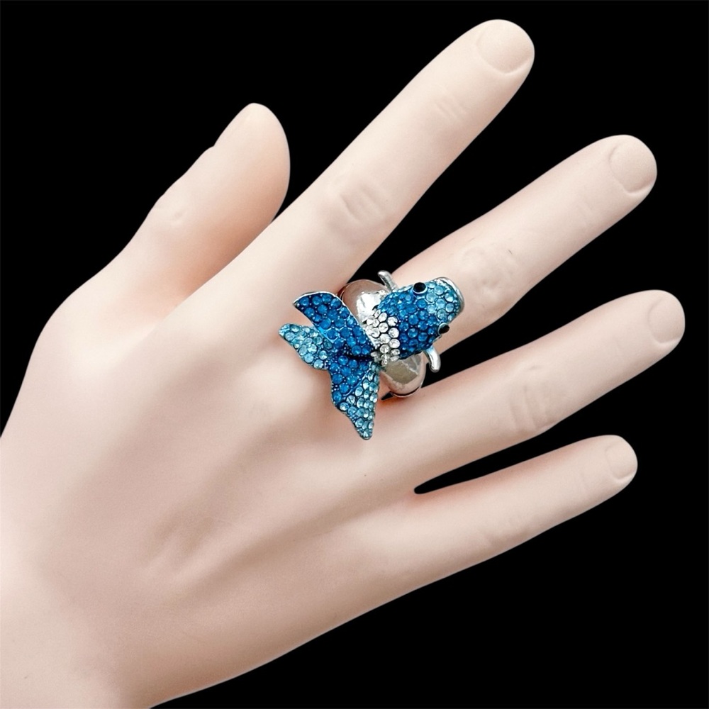 Blue Rhinestone Koi Fosh Goldfish Cocktail Stretch Ring